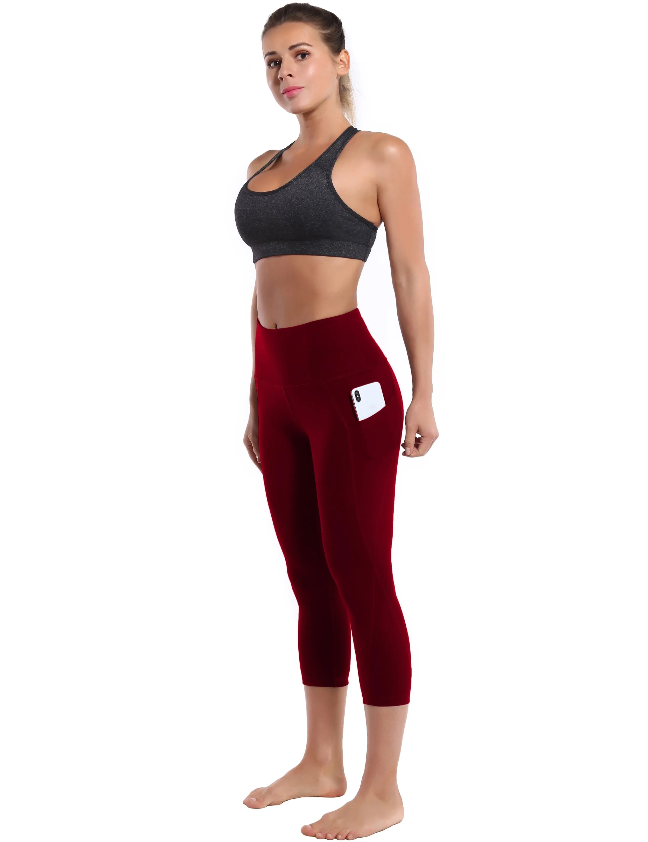 19 High Waist Side Pockets Capris cherryred_yogastudio