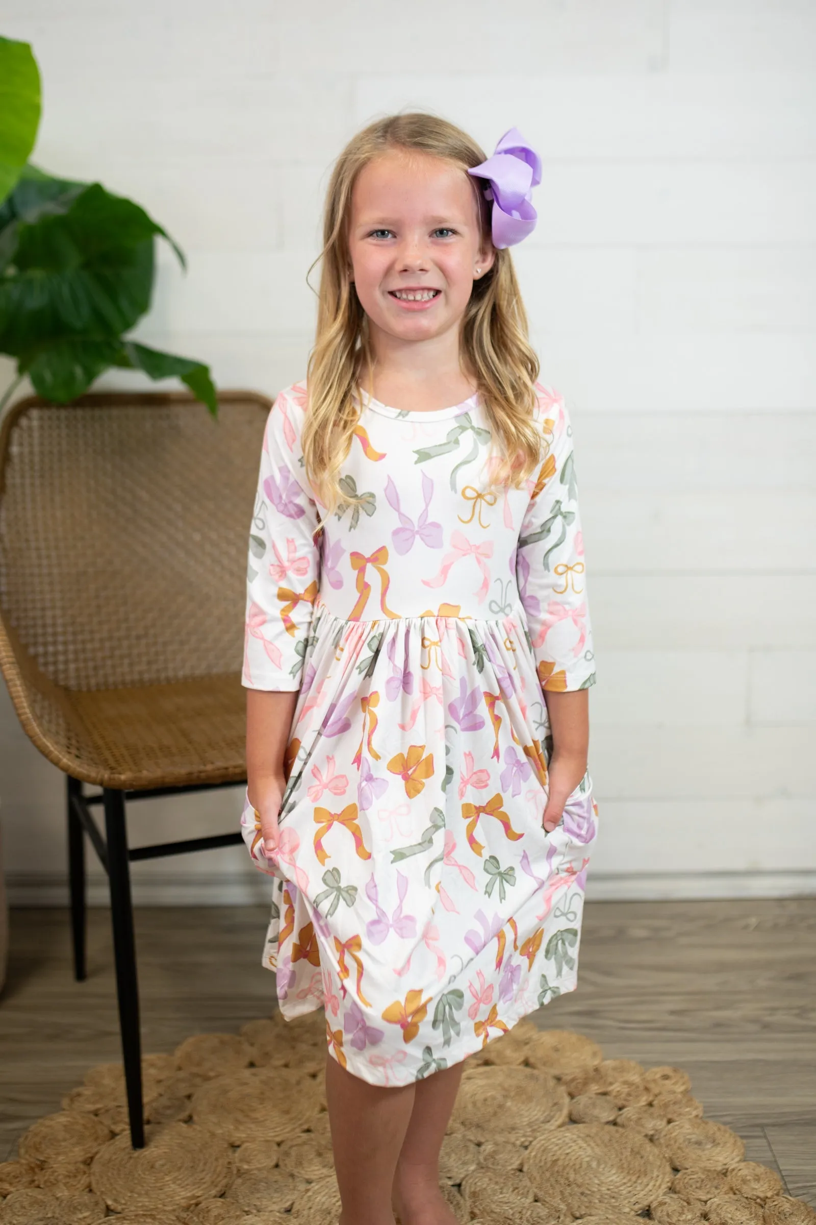 3/4 Sleeve Pocket Twirl Dress-Boho Bows