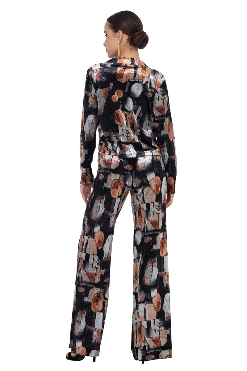 Abstract Leaf Print Velvet Wide Leg Pants