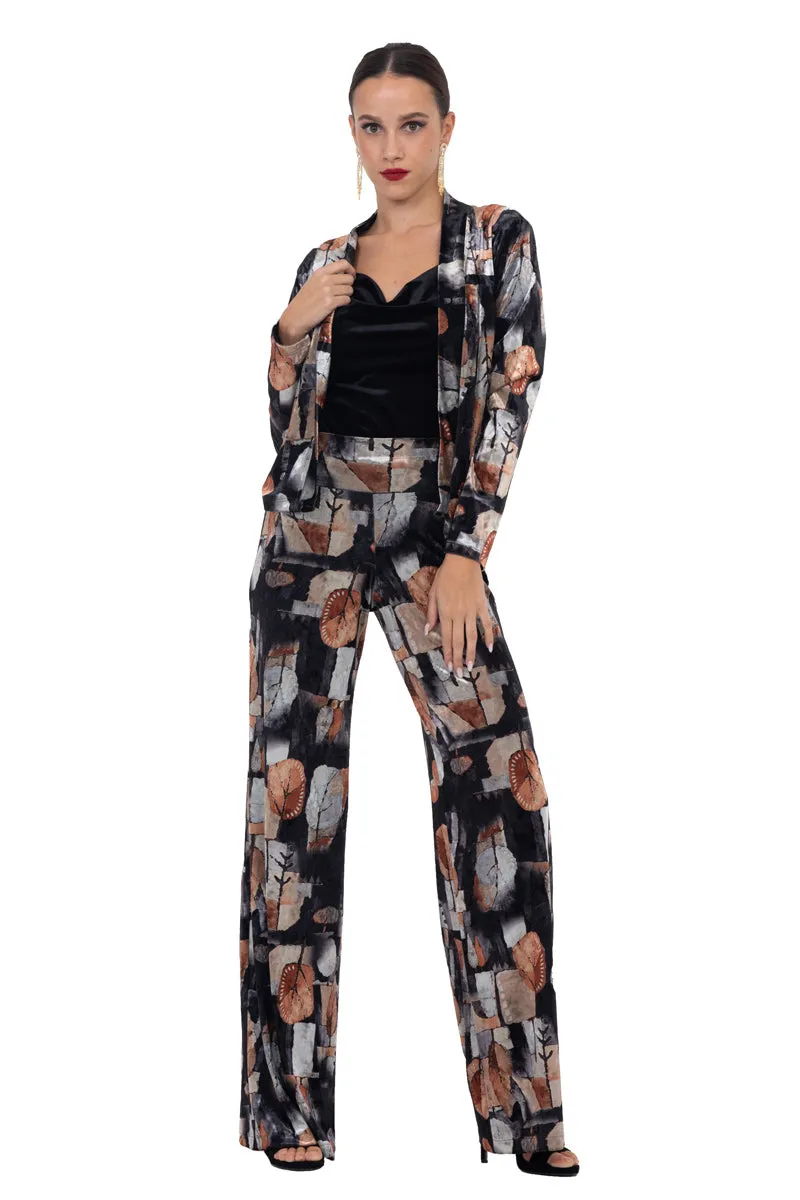 Abstract Leaf Print Velvet Wide Leg Pants