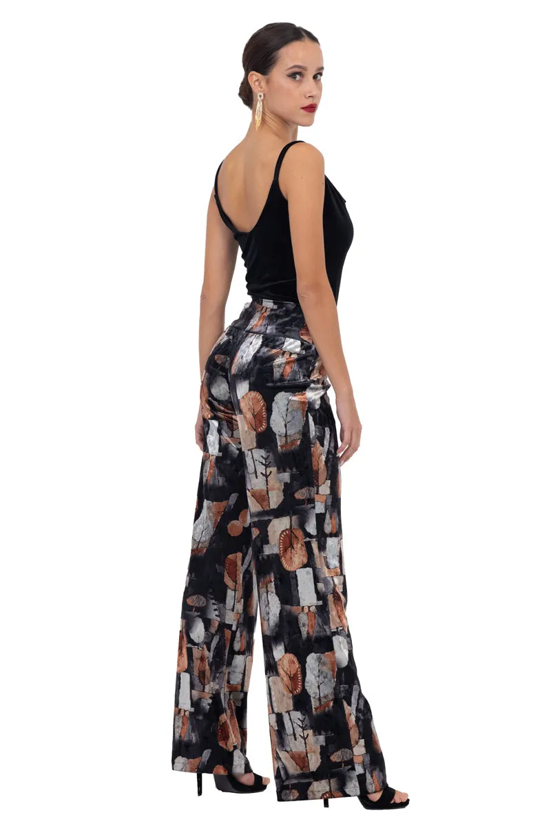 Abstract Leaf Print Velvet Wide Leg Pants