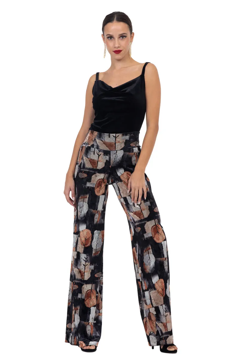 Abstract Leaf Print Velvet Wide Leg Pants