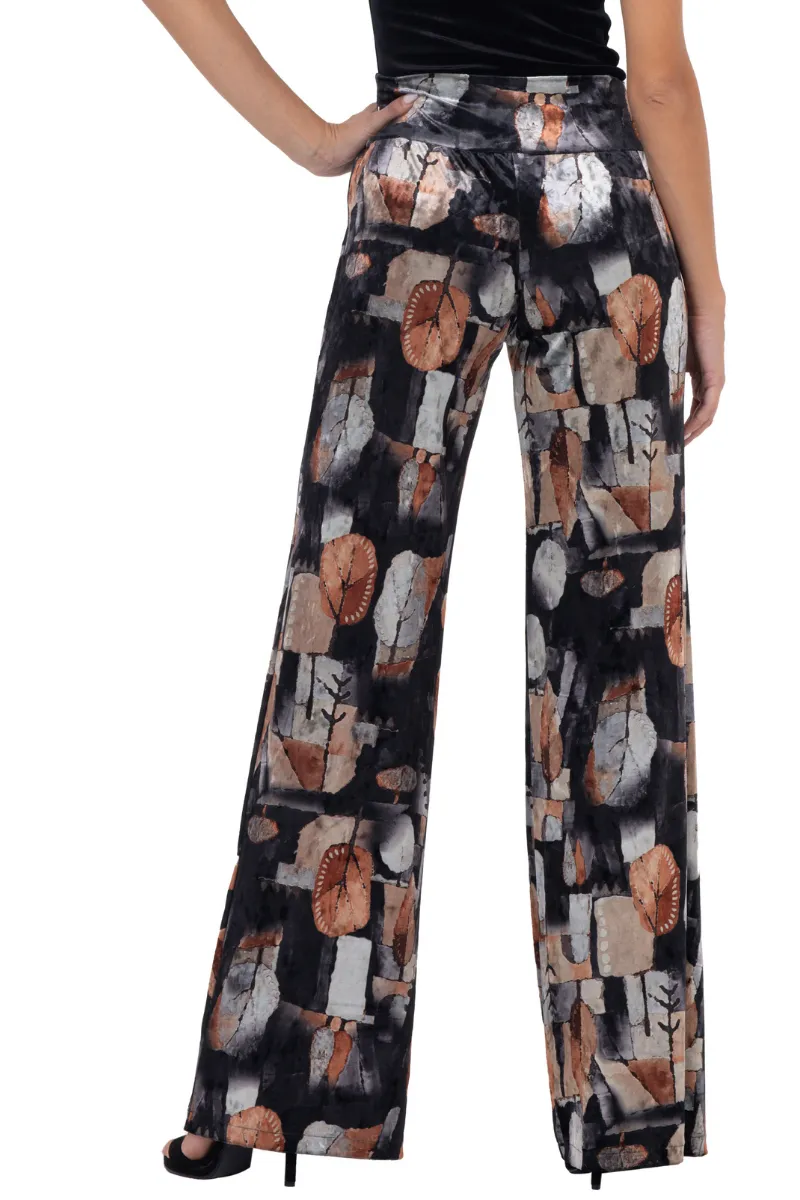 Abstract Leaf Print Velvet Wide Leg Pants