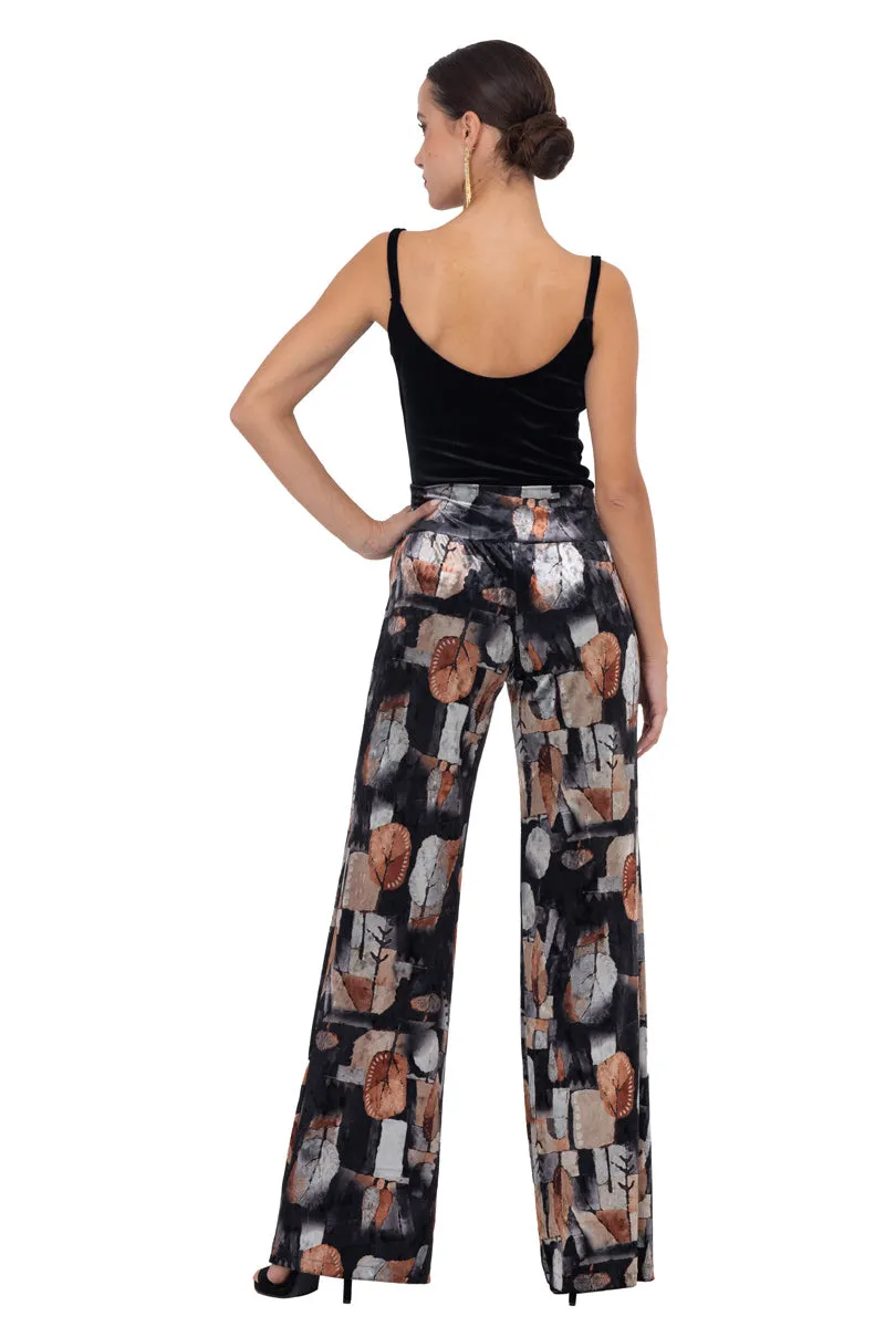 Abstract Leaf Print Velvet Wide Leg Pants