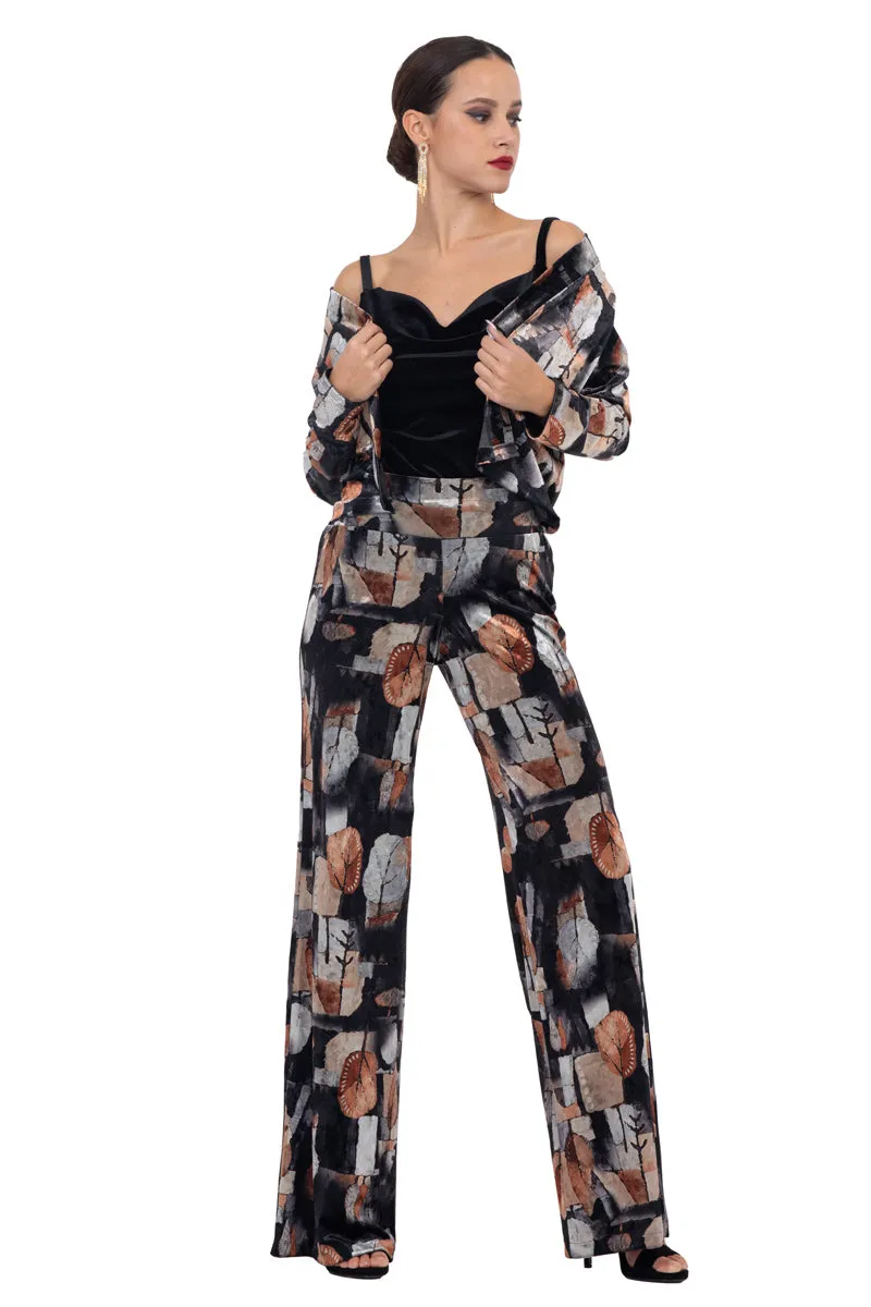 Abstract Leaf Print Velvet Wide Leg Pants