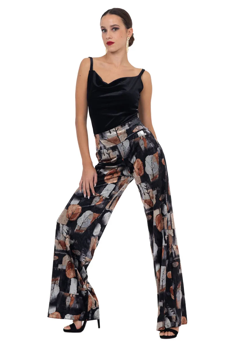 Abstract Leaf Print Velvet Wide Leg Pants