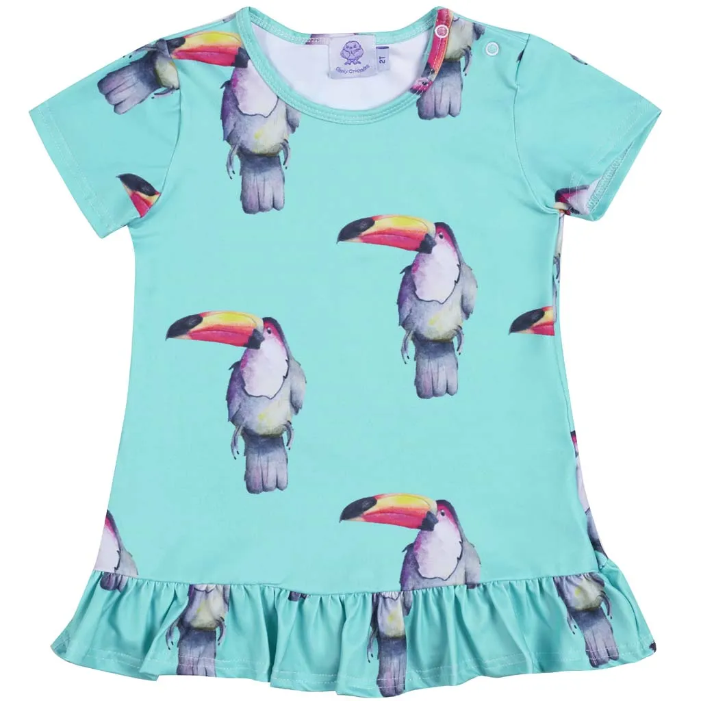 Aqua Green Toucan Short Sleeve Frill Dress