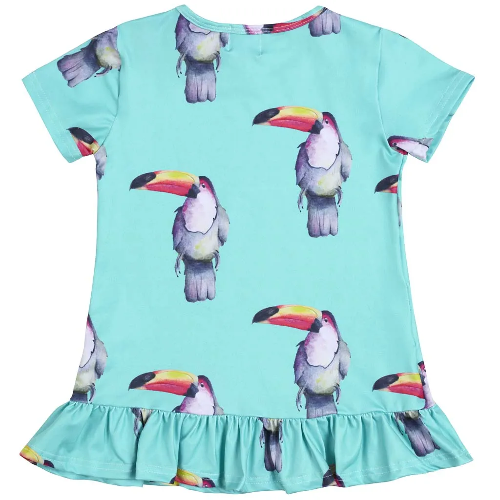 Aqua Green Toucan Short Sleeve Frill Dress