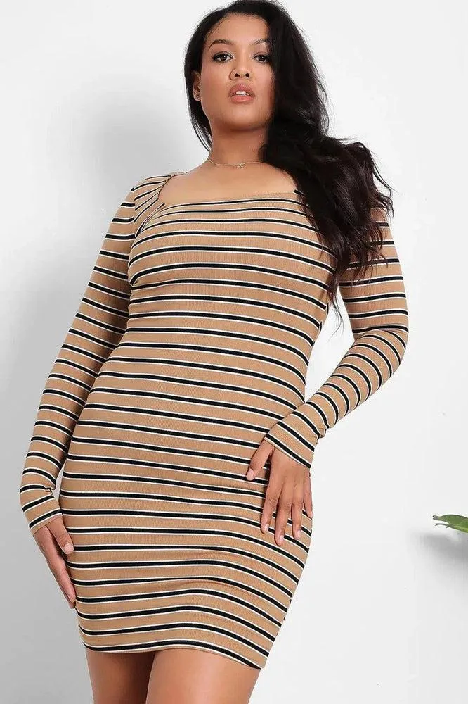 Beige Square Neckline Stripy Dress