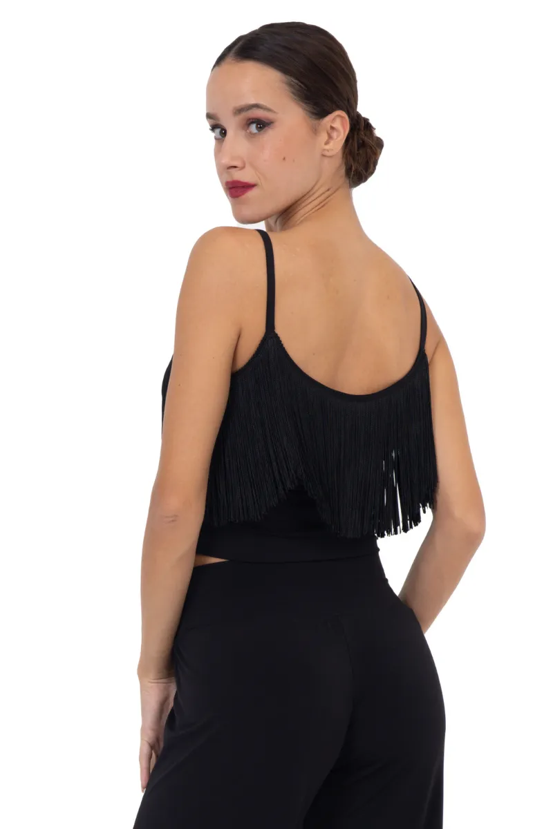 Black Crop Top With Fringe Layer