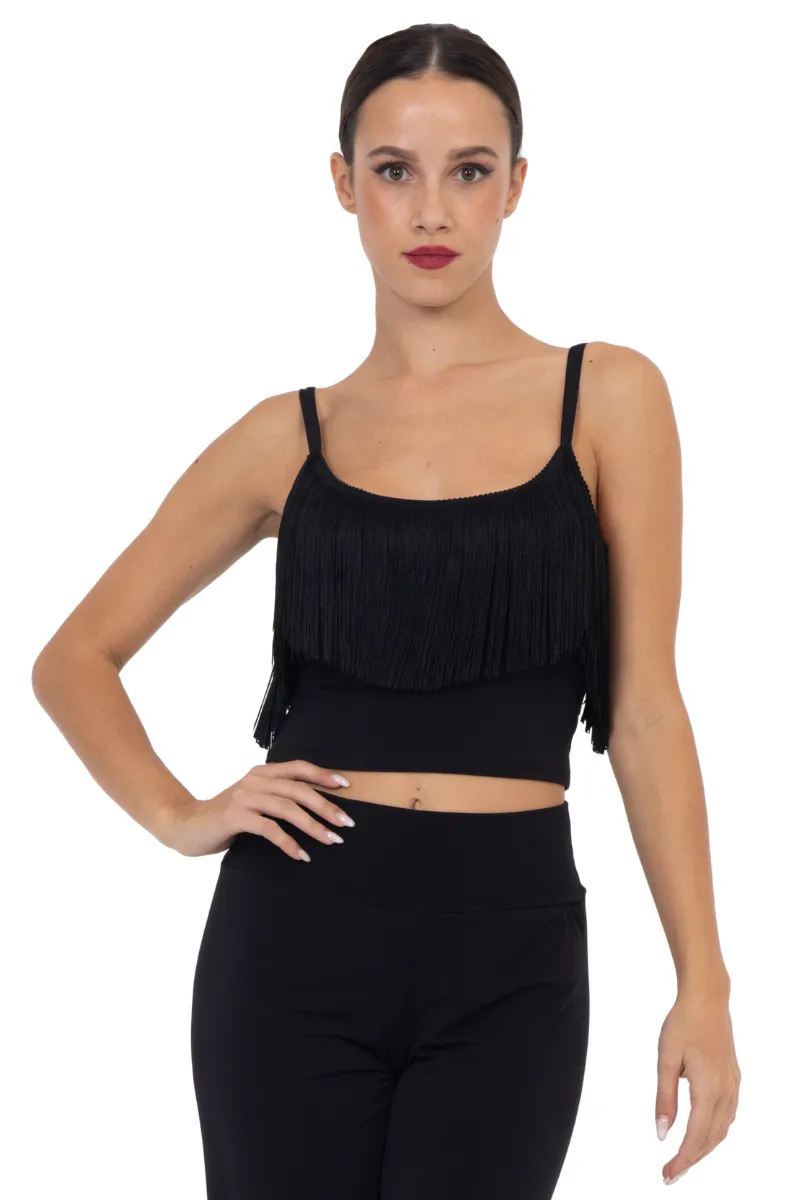 Black Crop Top With Fringe Layer