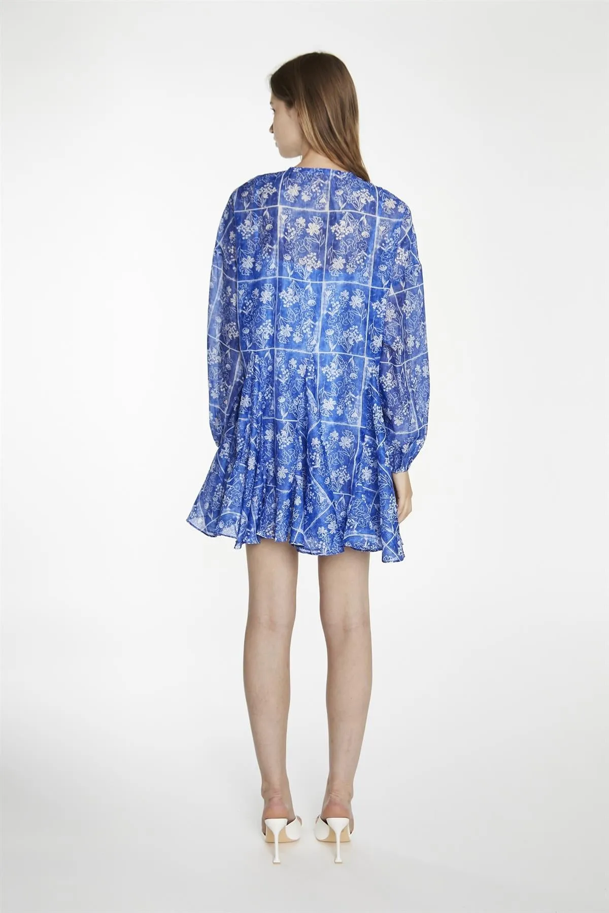 Blue-Tile Organza Oversized Swing Mini-Dress