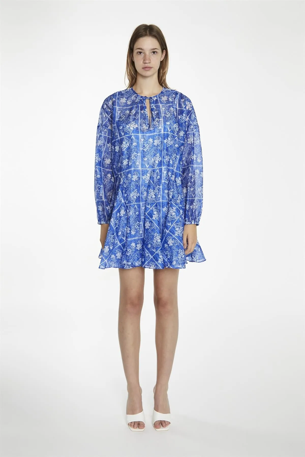 Blue-Tile Organza Oversized Swing Mini-Dress