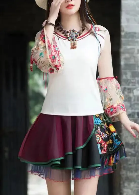 Bohemian Vintage Embroidered Asymmetrical Tulle Short Skirts Summer HA1004