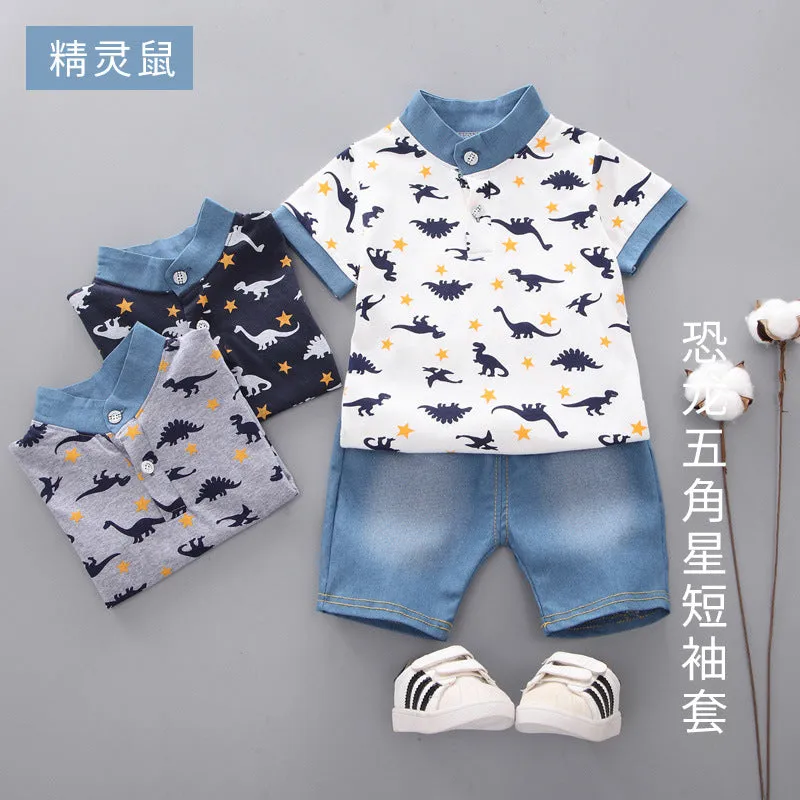 Boys' Summer Short-sleeved Two-piece Dinosaur Print Suit