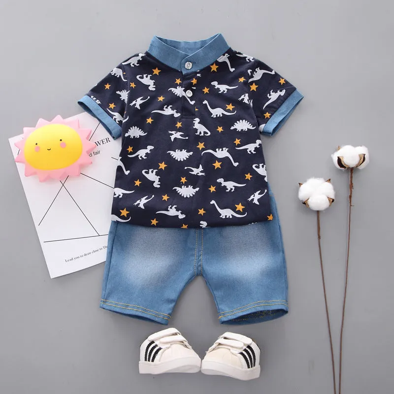 Boys' Summer Short-sleeved Two-piece Dinosaur Print Suit