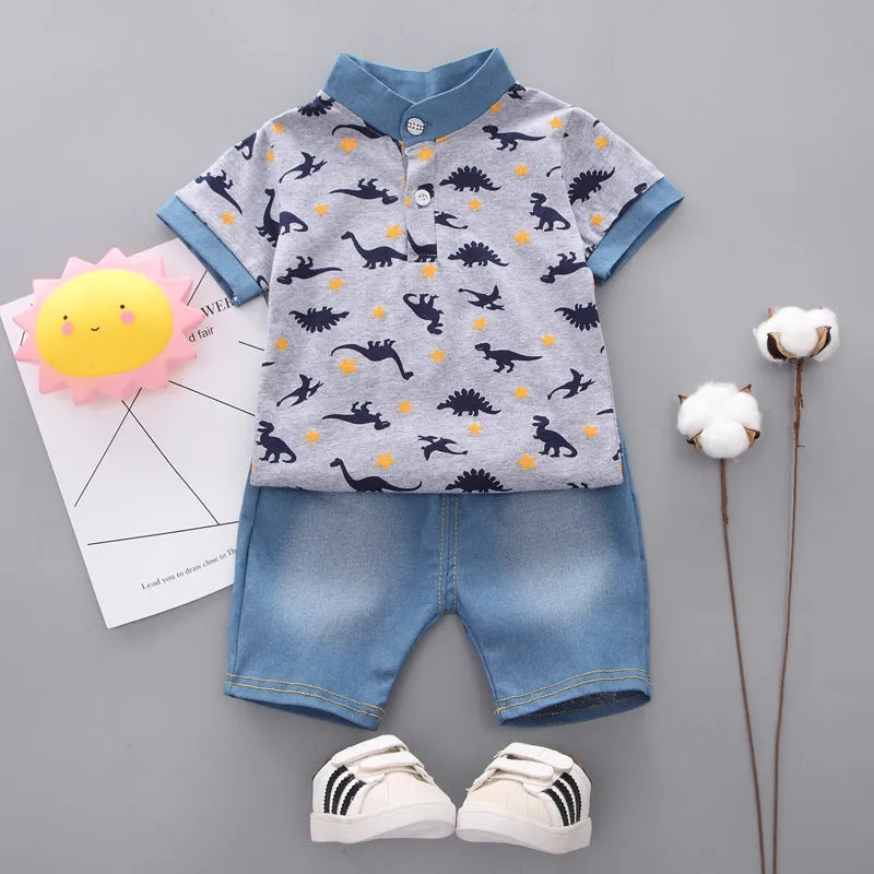 Boys' Summer Short-sleeved Two-piece Dinosaur Print Suit