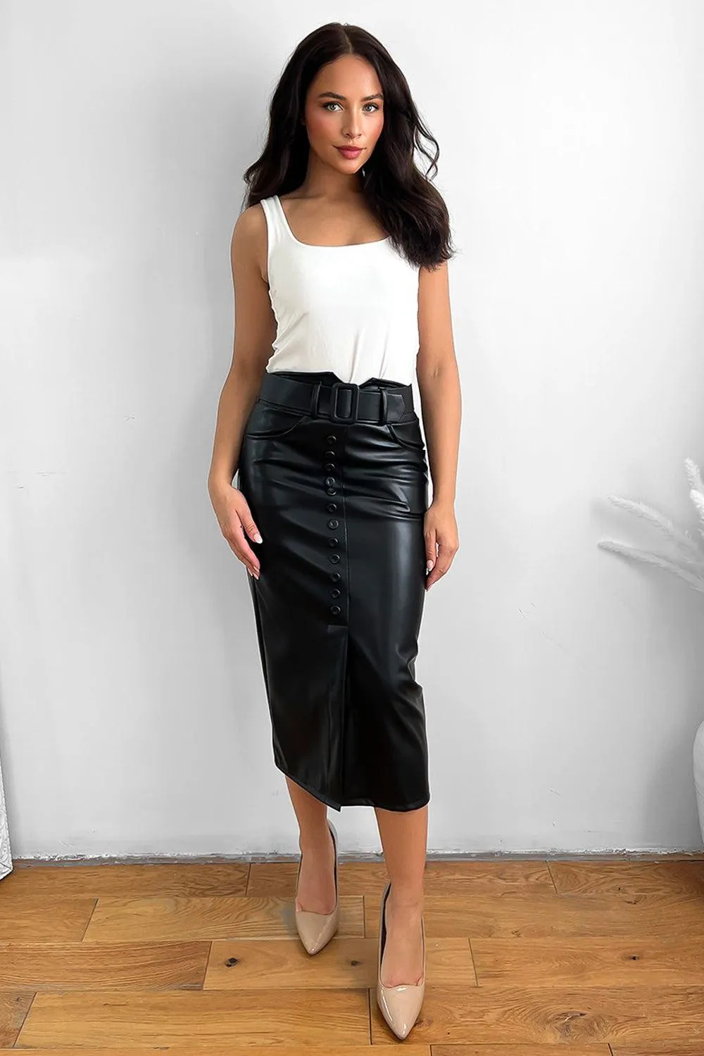 Buttoned Front Belted Vegan Leather Midi Skirts