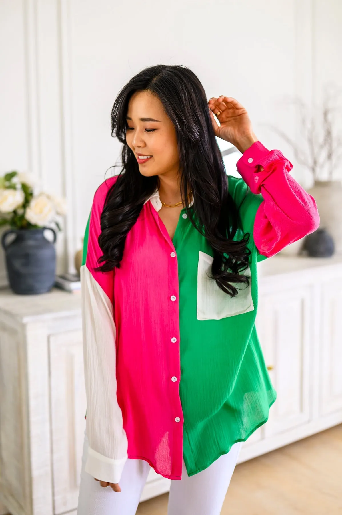 Capture the Day Two Toned Button Up Kelly- USE CODE SPRING24 for 40% OFF!!!!