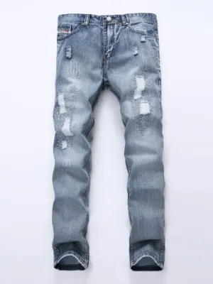 Casual Men's Fashion Jeans Mid Waist Hole Worn Slim Fit