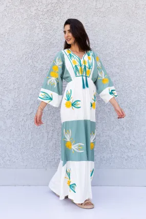 Colorful embroidered white/mint caftan, Cotton caftan dress, African women clothing, Boho maxi dress, Cotton caftan, Boho summer caftan