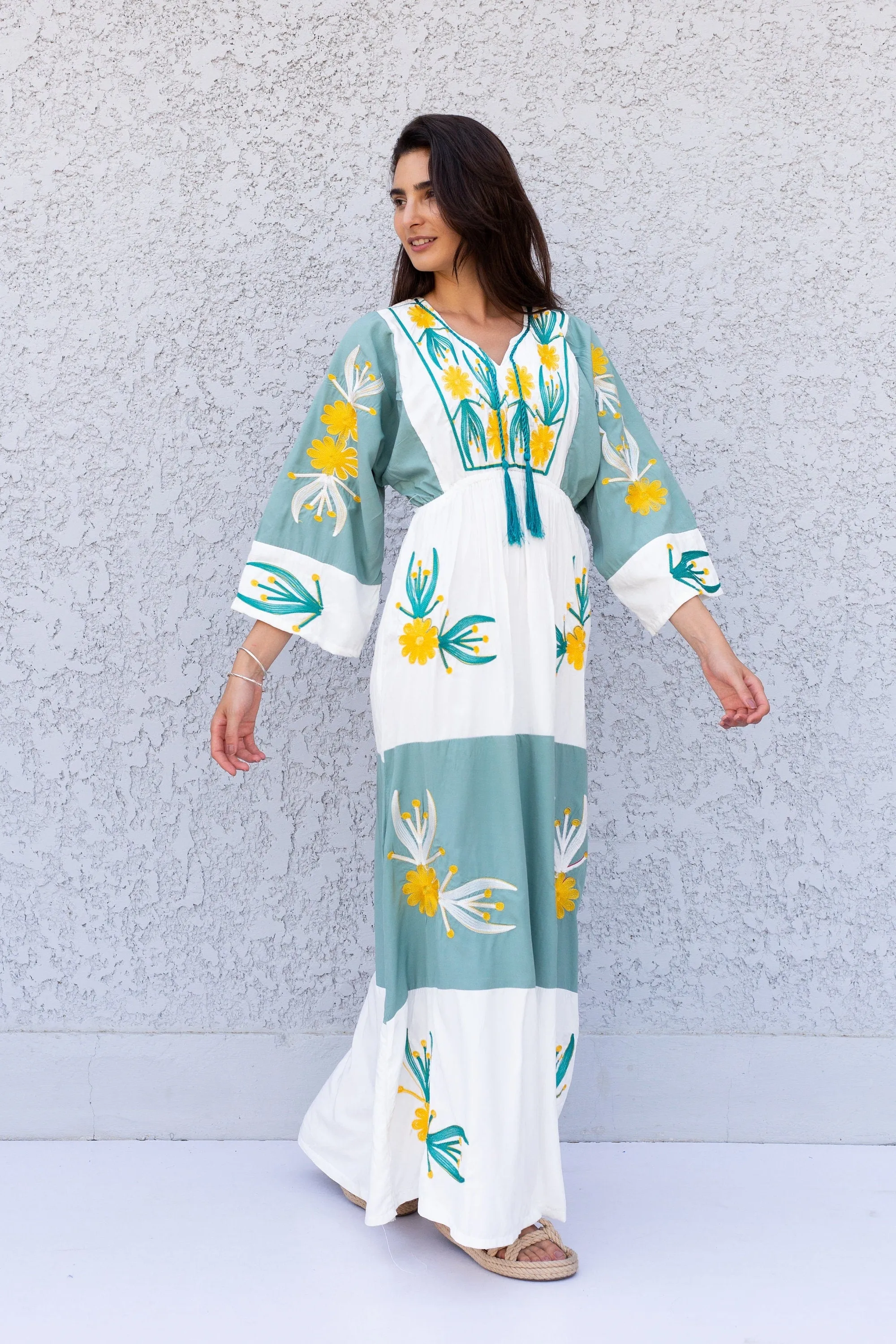 Colorful embroidered white/mint caftan, Cotton caftan dress, African women clothing, Boho maxi dress, Cotton caftan, Boho summer caftan