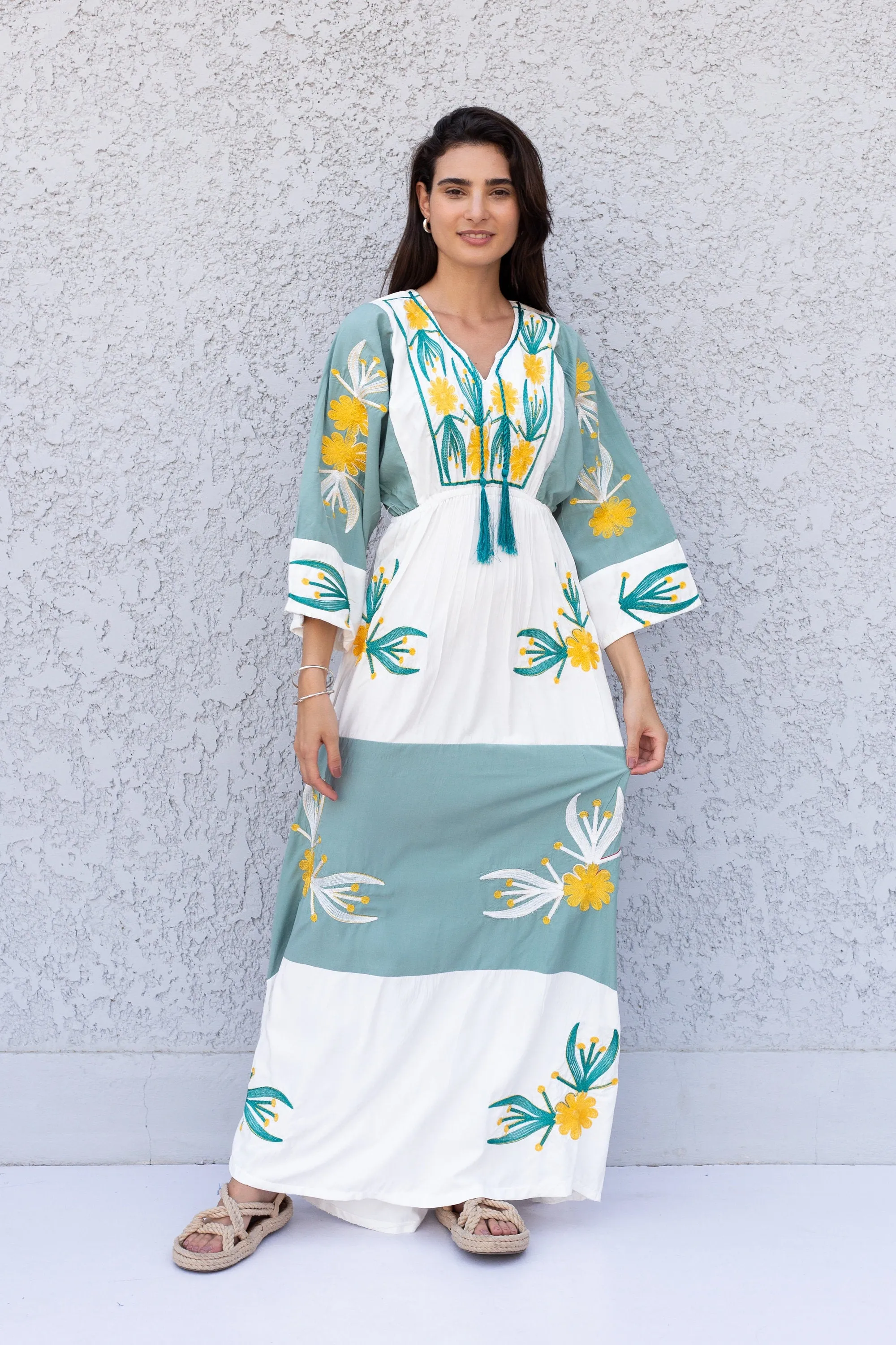 Colorful embroidered white/mint caftan, Cotton caftan dress, African women clothing, Boho maxi dress, Cotton caftan, Boho summer caftan