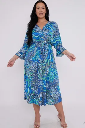 Dani Faux Wrap Dress in Blue Leaf Print