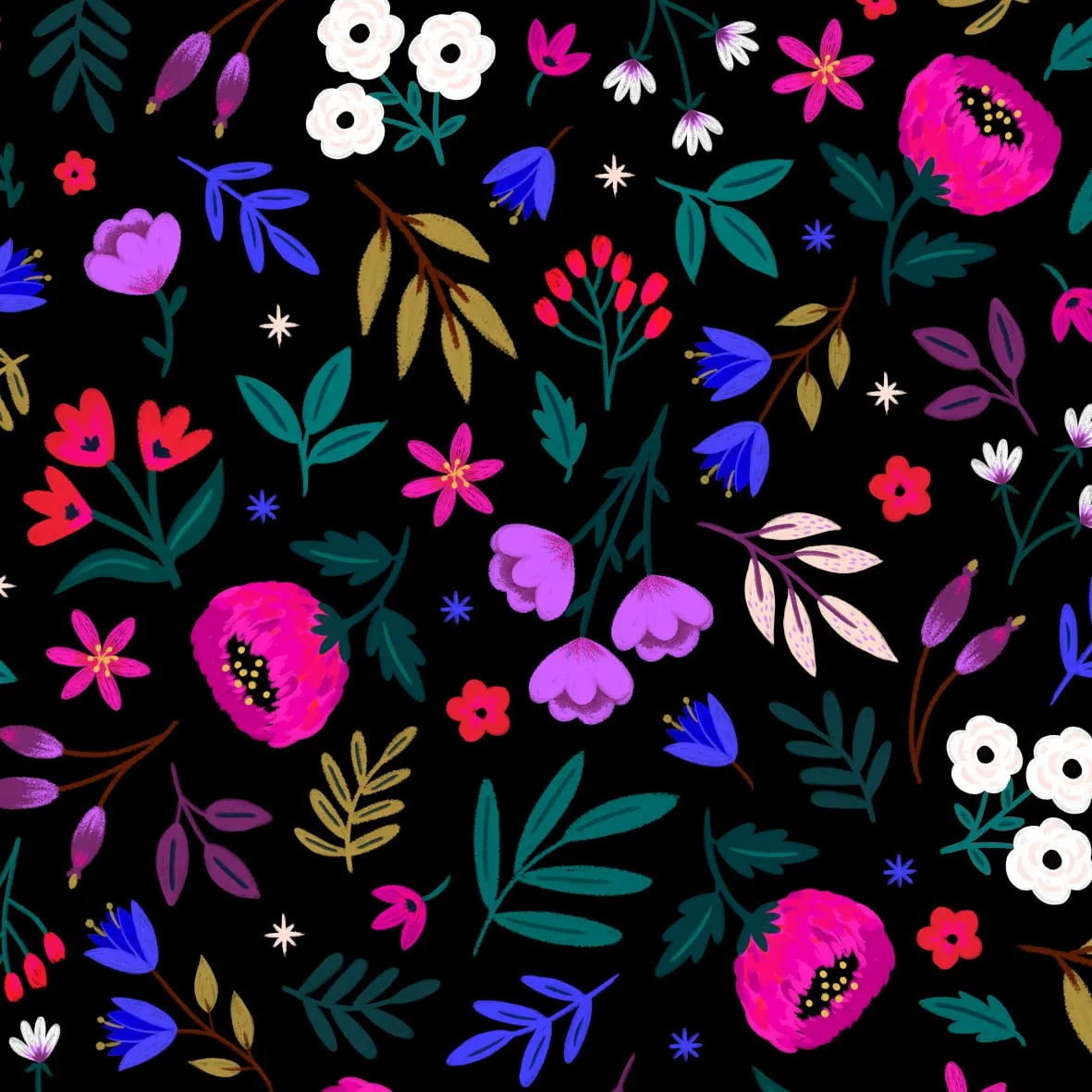 French Viscose Rayon Challis Fabric in Night Blooms