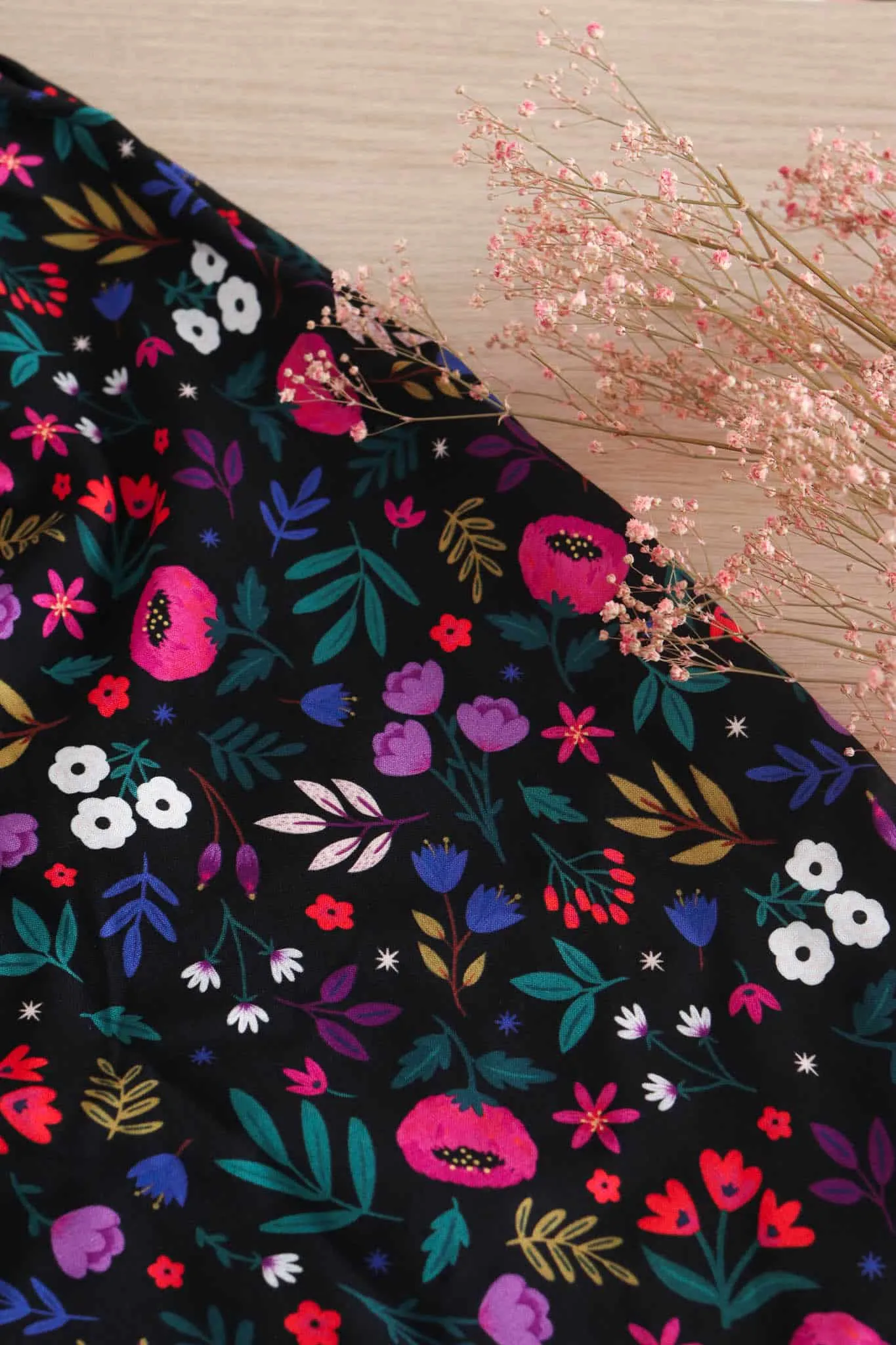 French Viscose Rayon Challis Fabric in Night Blooms