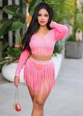 Jena Rhinestone Mesh Crop Top And Fringe Tassel Shorts Set