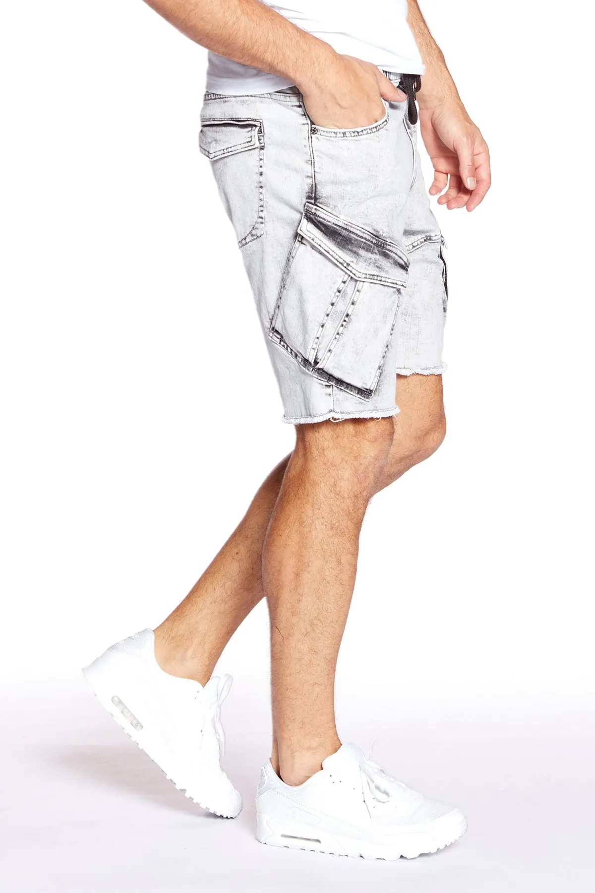 KRAVITZ - Mens Shorts With bellowed Cargo pockets - Light Grey Acid Wash