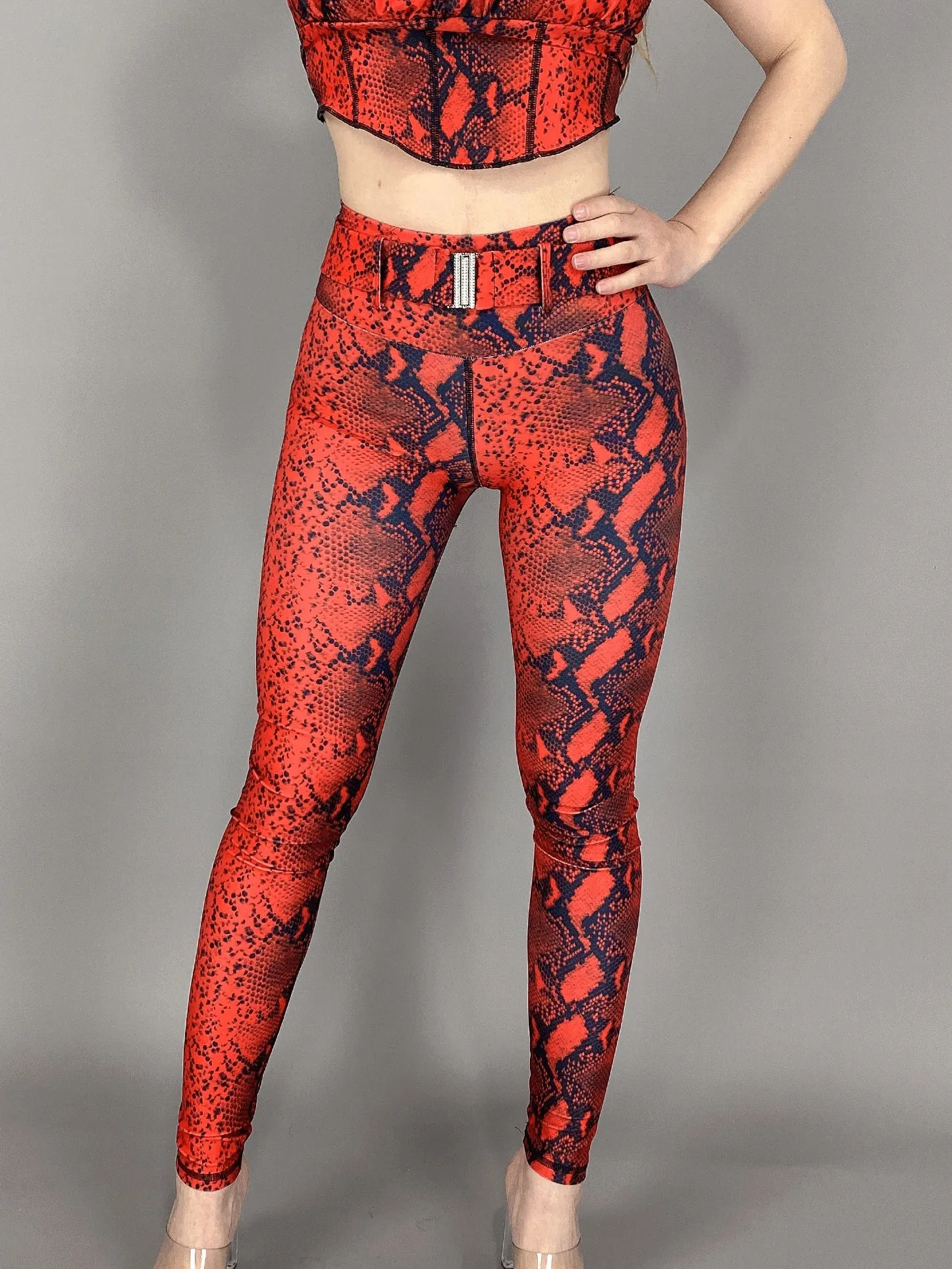 Fashionable Red Snake Print Leggings with Adjustable Belt | La Fitwear