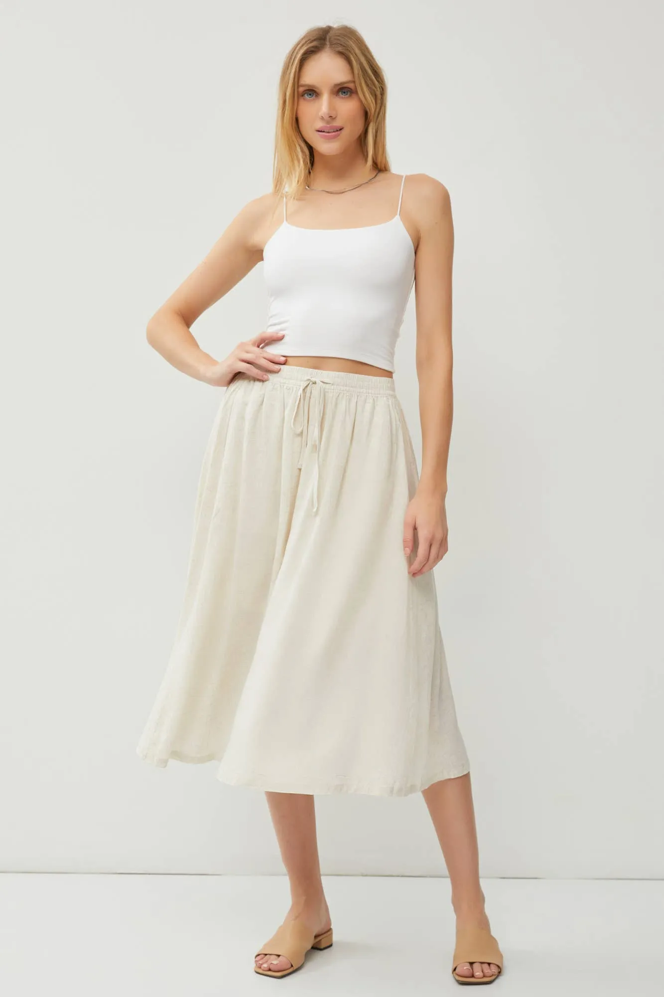 LINEN BLEND DRAWSTRING A-LINE FLARE MIDI SKIRTS