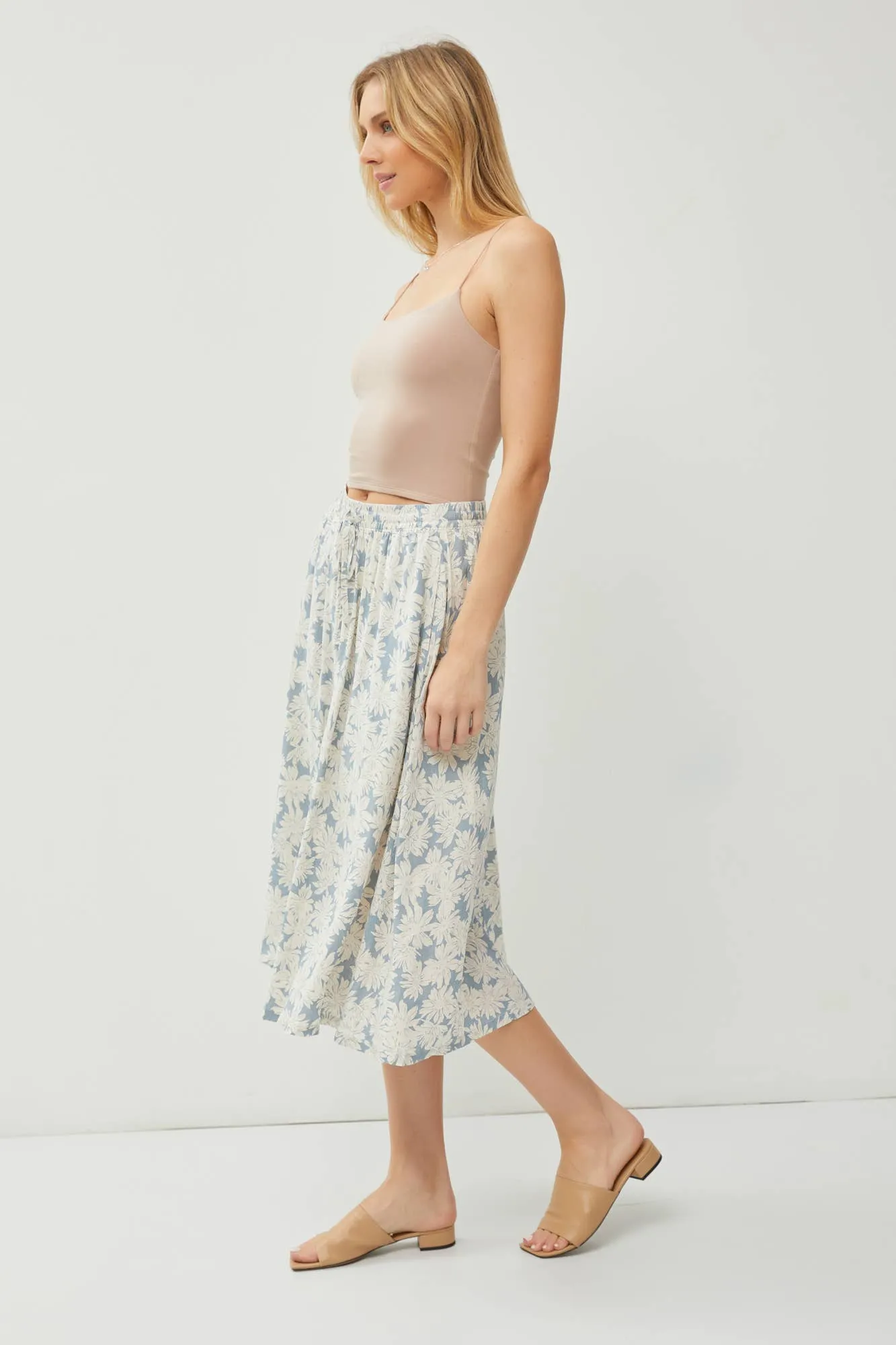 LINEN BLEND DRAWSTRING A-LINE FLARE MIDI SKIRTS