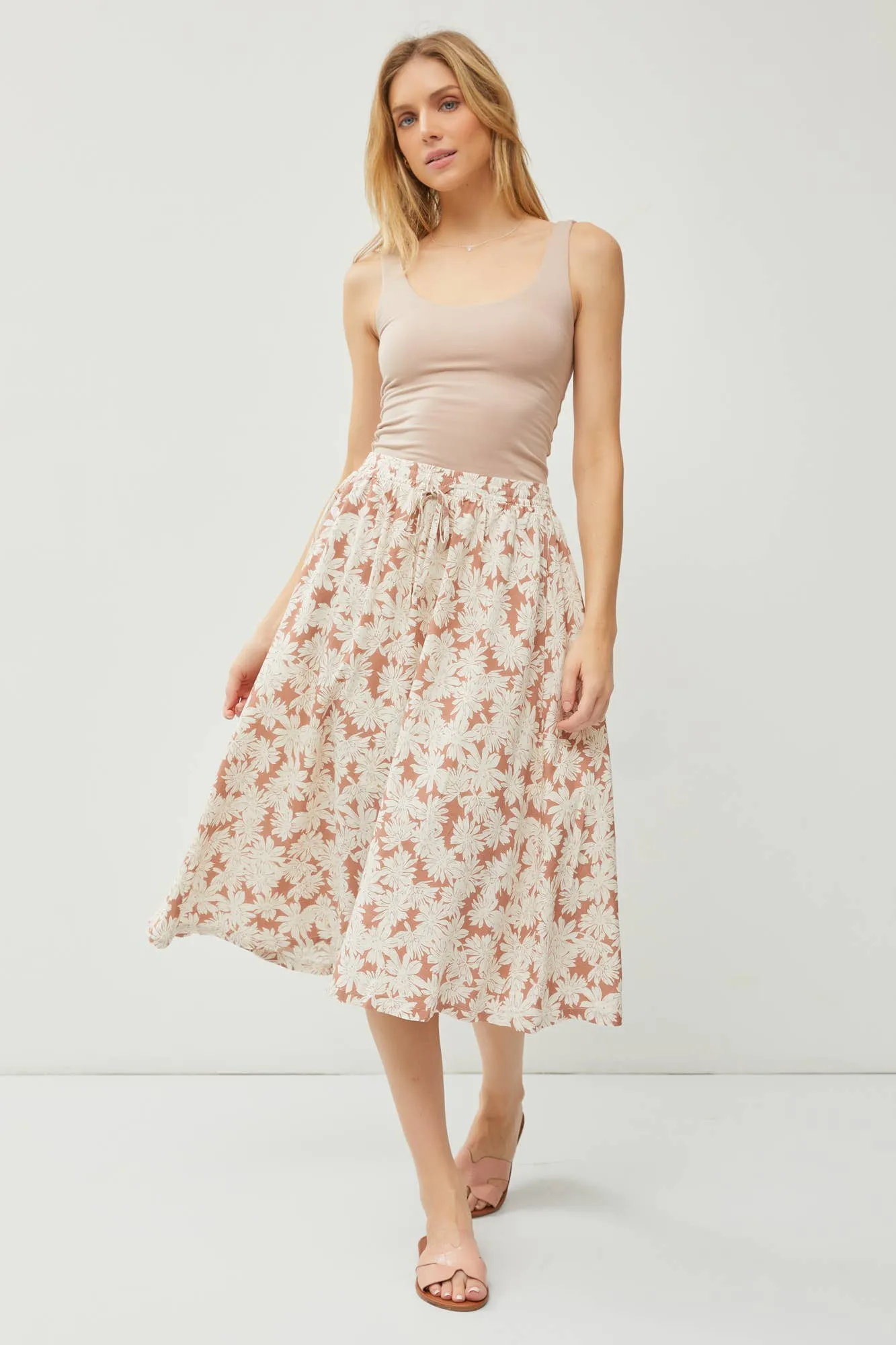 LINEN BLEND DRAWSTRING A-LINE FLARE MIDI SKIRTS