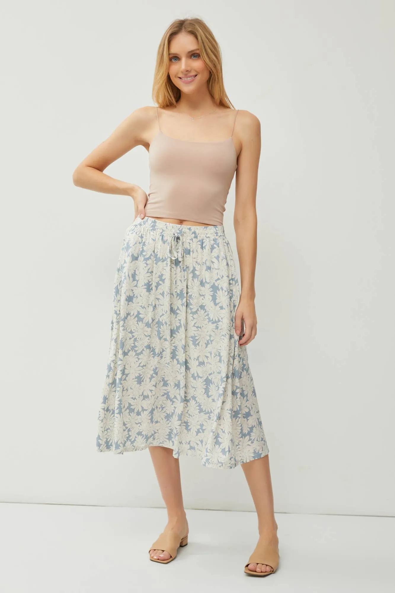 LINEN BLEND DRAWSTRING A-LINE FLARE MIDI SKIRTS