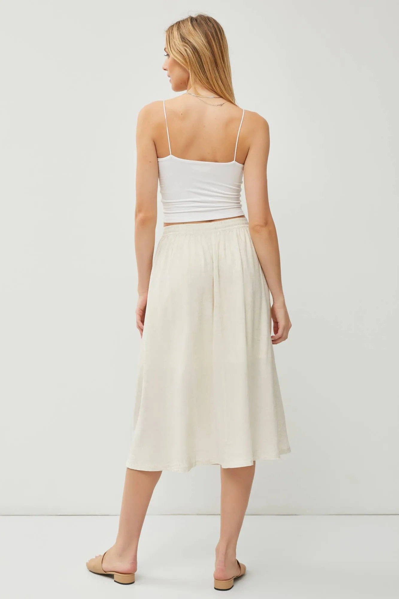 LINEN BLEND DRAWSTRING A-LINE FLARE MIDI SKIRTS