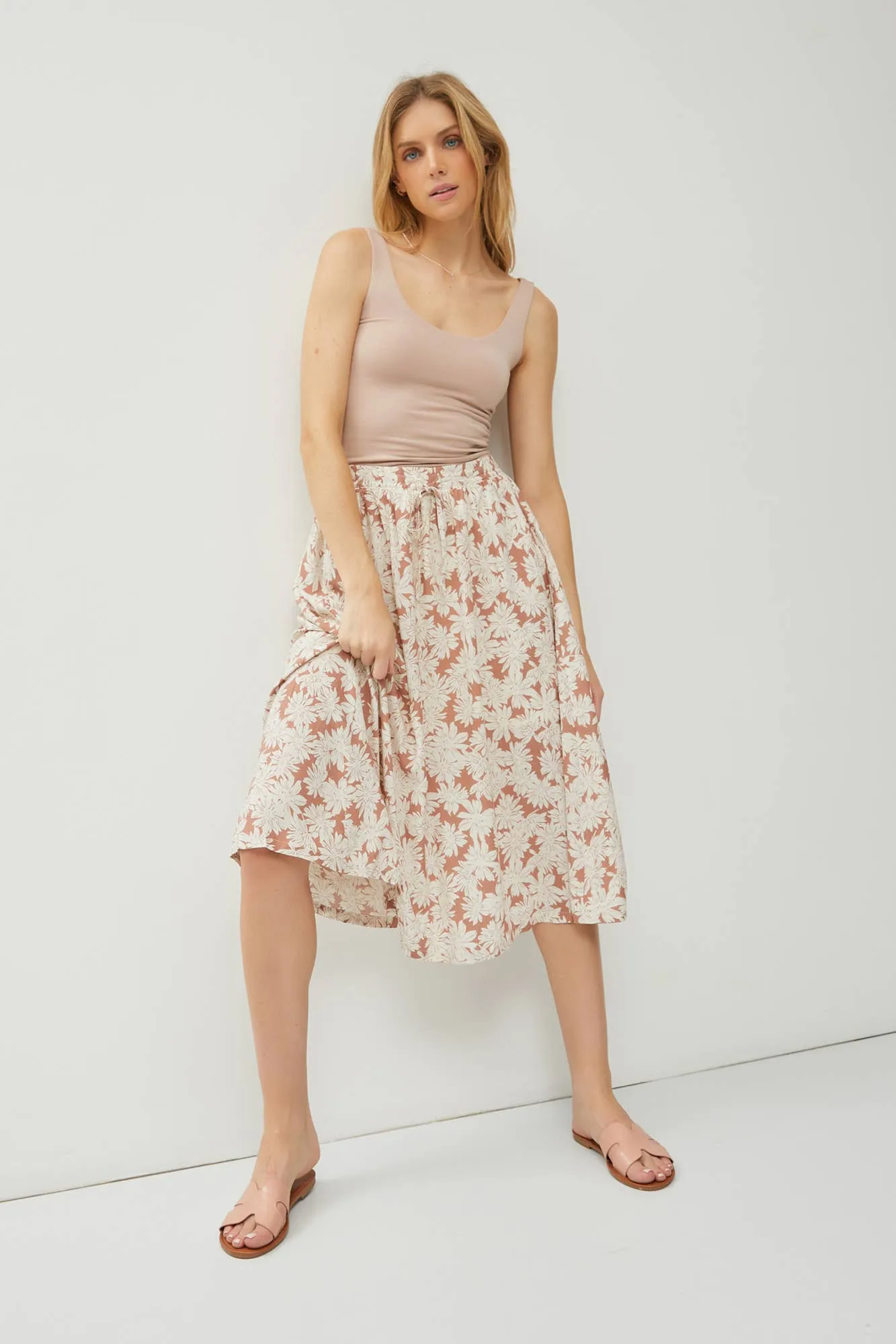 LINEN BLEND DRAWSTRING A-LINE FLARE MIDI SKIRTS