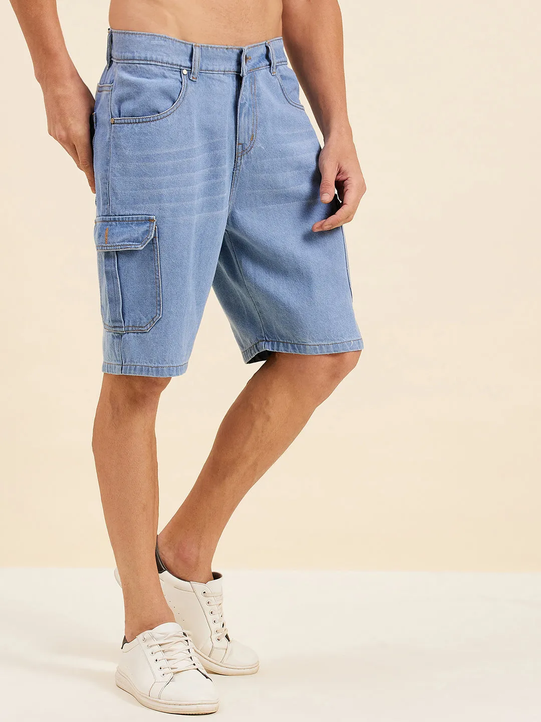 Men Blue Denim Box Pocket Shorts