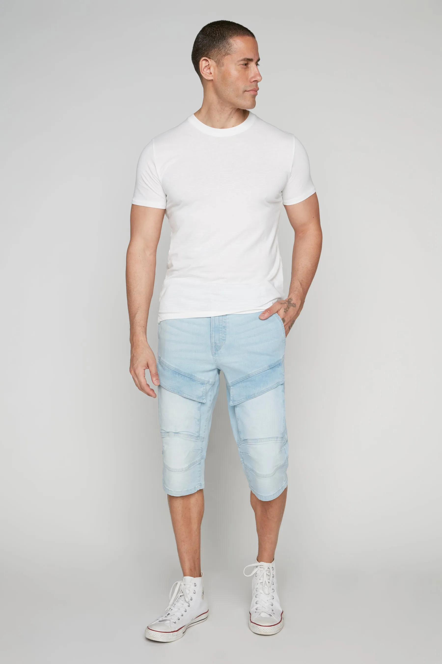 Men's 5-Pocket Denim Cargo Capri Shorts - Blue Bleach