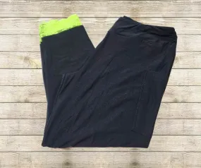 Neon Green Lace Bottom Black Capri Leggings w/ Pockets