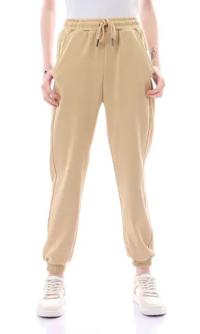 O165842 Dark Beige Solid Cotton Sweatpants With Side Pockets