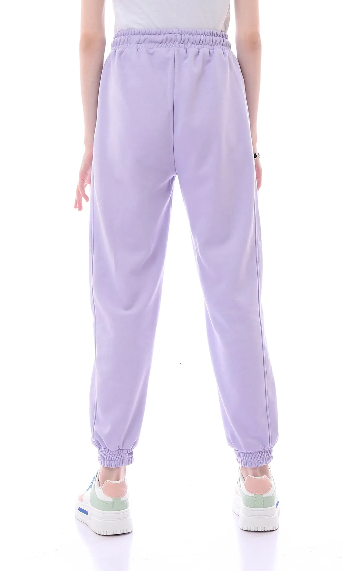 O165843 Elastic Waist Drawstring Light Purple Sweatpants With Hem