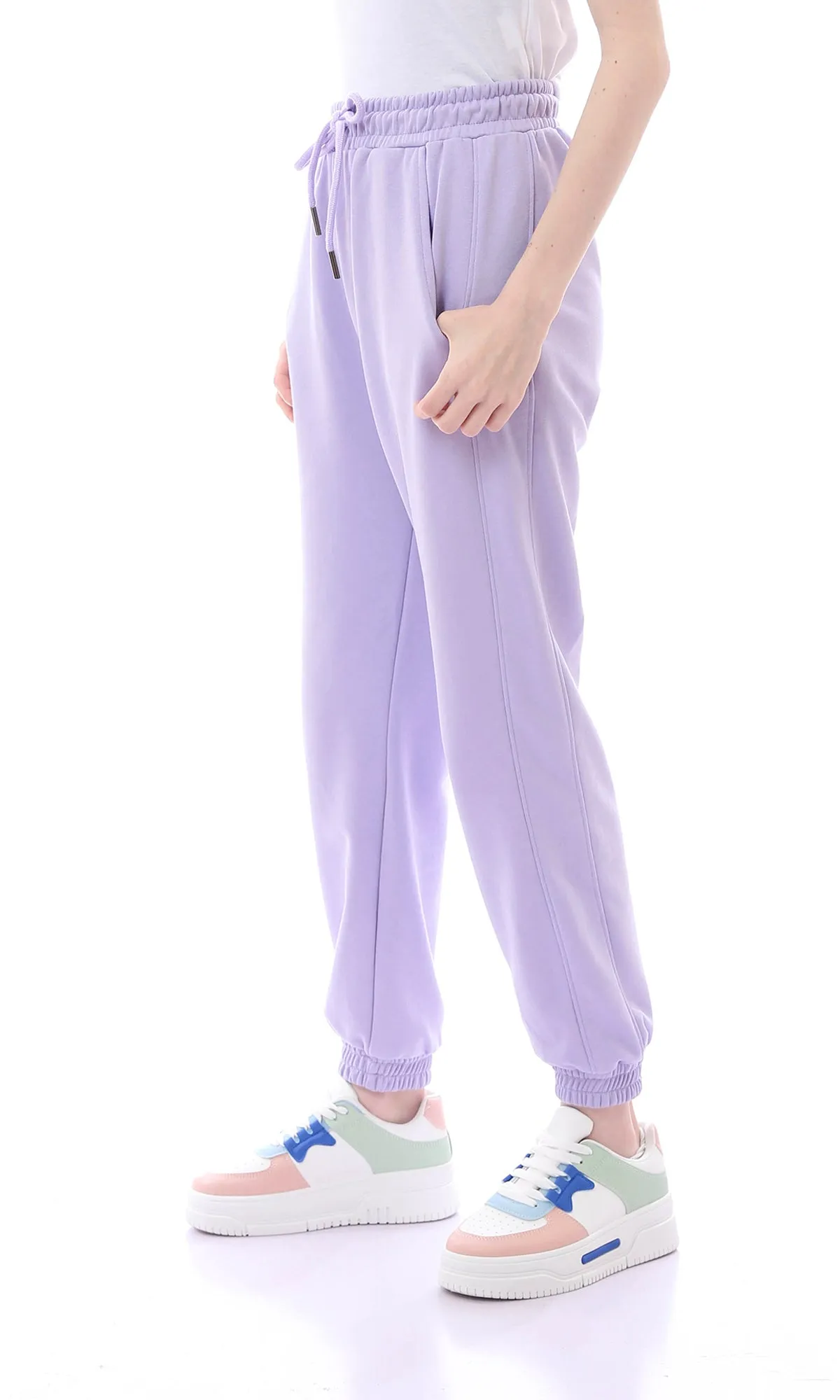 O165843 Elastic Waist Drawstring Light Purple Sweatpants With Hem