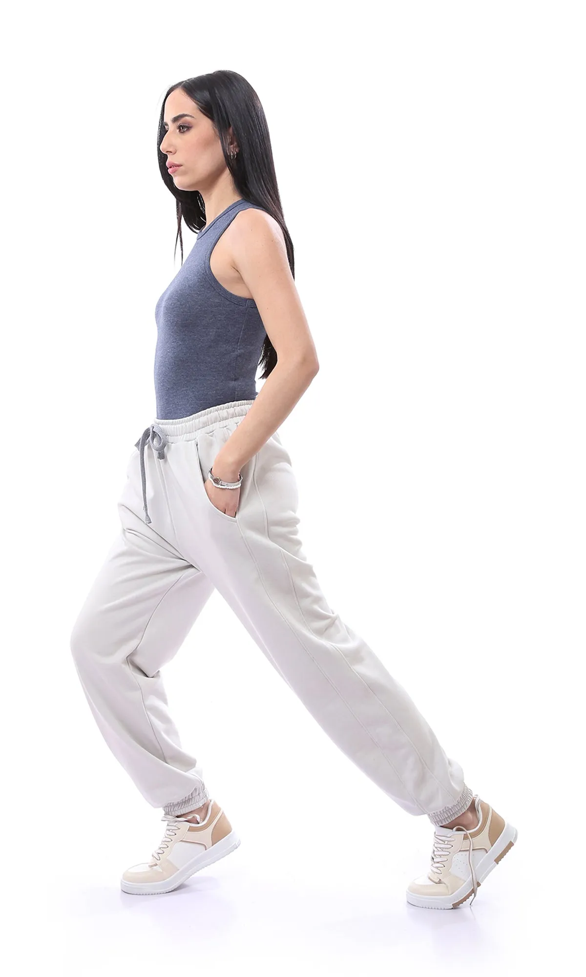 O165845 Elastic Waist With Drawstring Light Grey Sweatpants