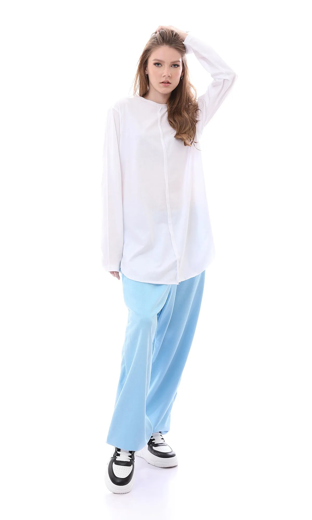 O165861 Relaxed Fit Baby Blue Pants With Elastic Waist & Hem