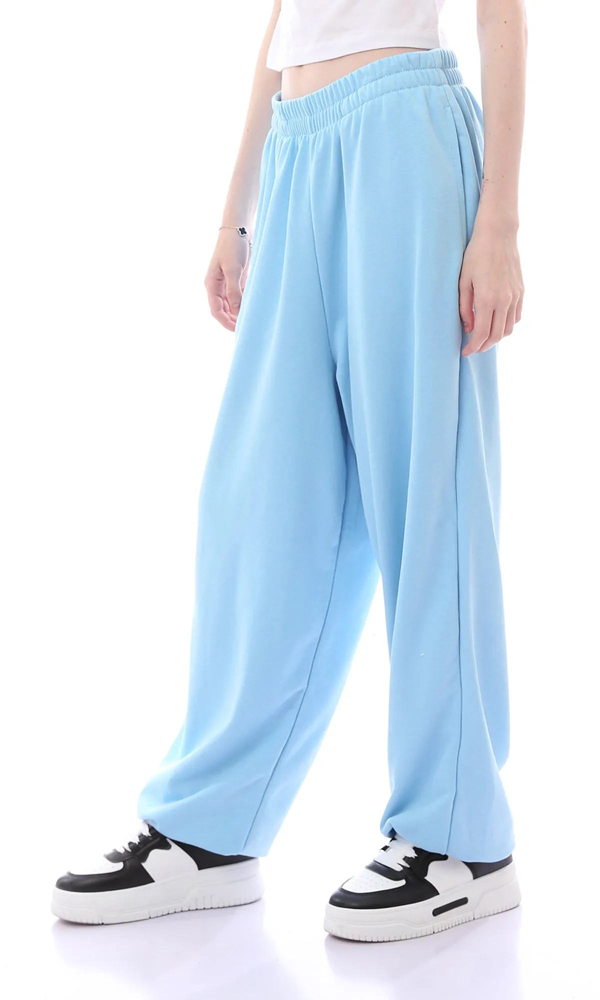 O165861 Relaxed Fit Baby Blue Pants With Elastic Waist & Hem