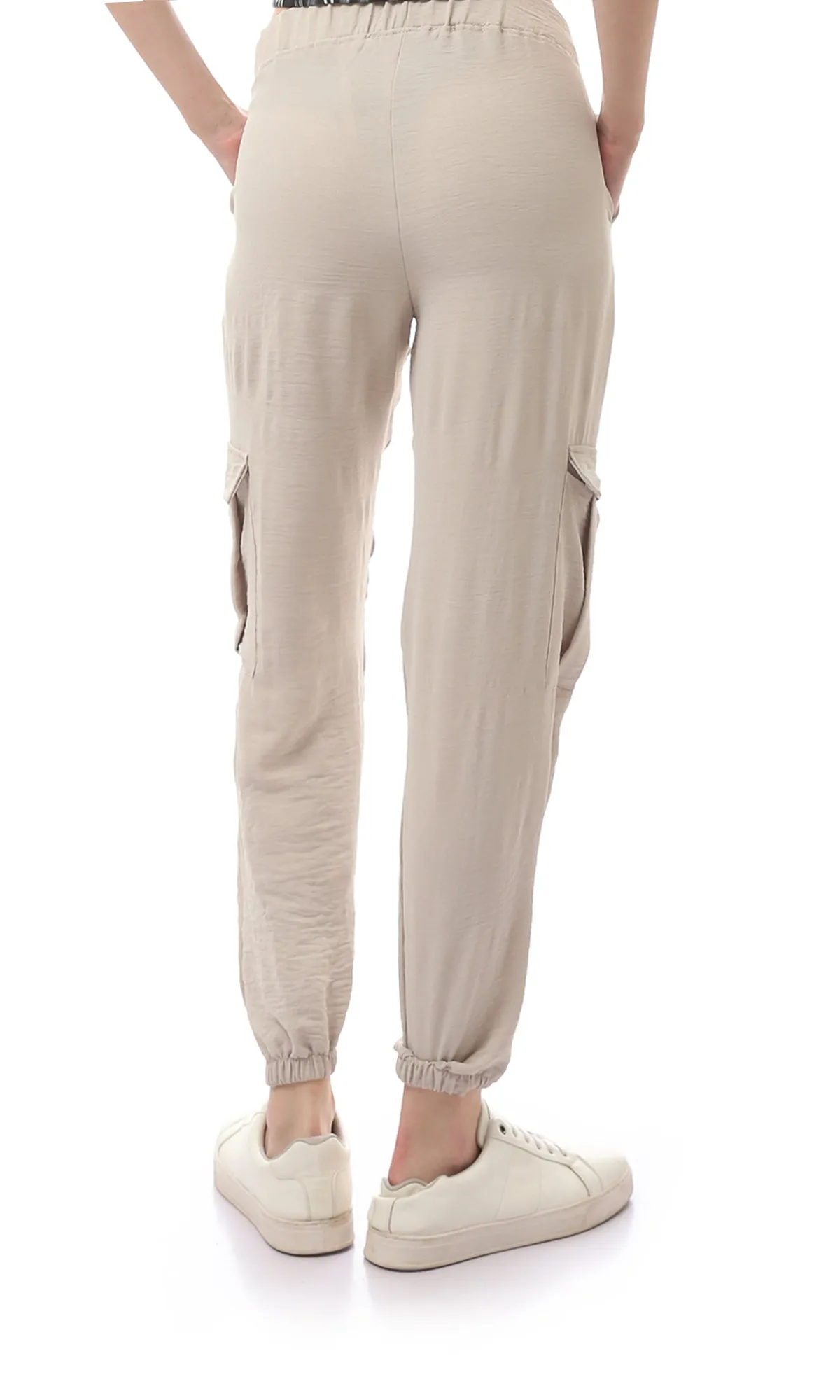 O170596 Beige Comfy Elastic Waist With Hem Trousers