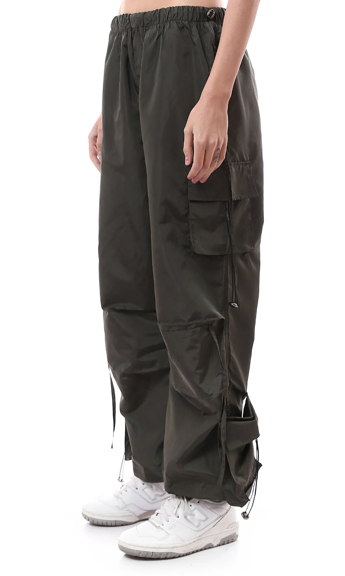 O174050 Wide Leg Dark Olive Lightweight Cargo Pants